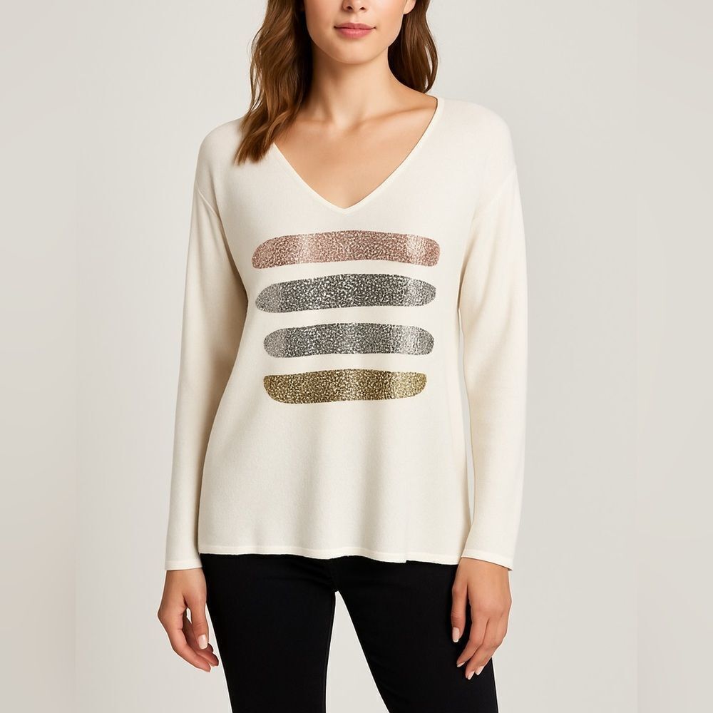 Bella Amore Italy V-neck Sweater Metallic Animal Print Stripes Viscose Blend OS